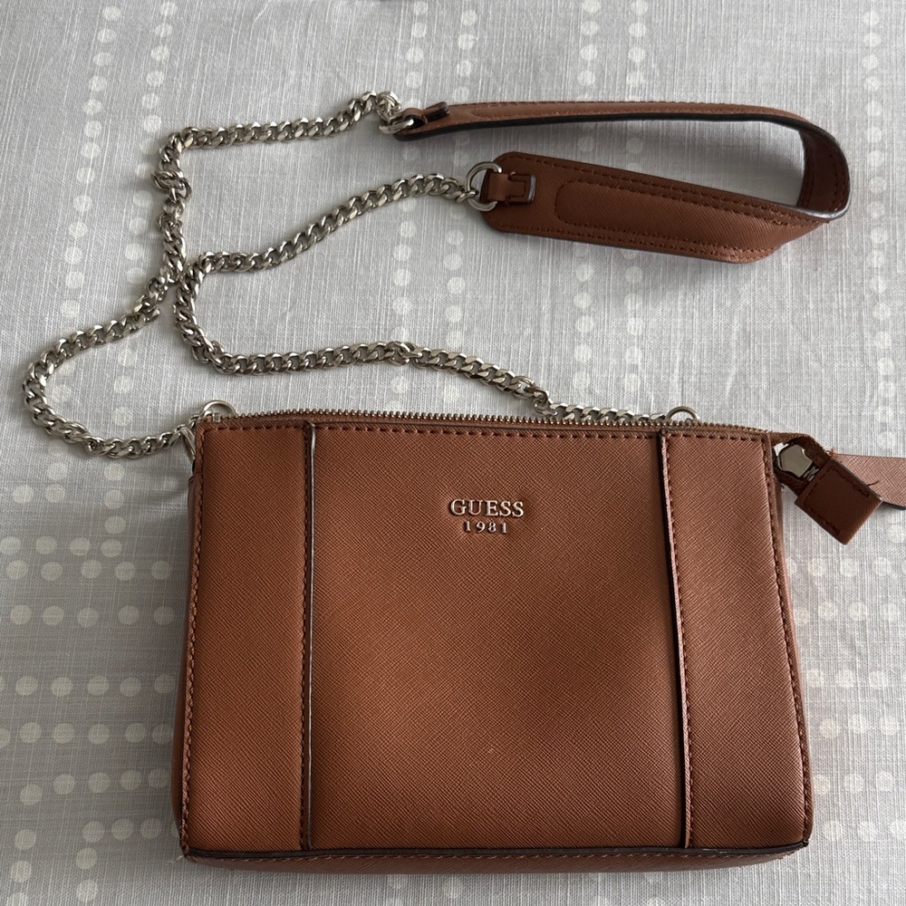 Guess Tan Leather-Look Crossbody with Silver Chain